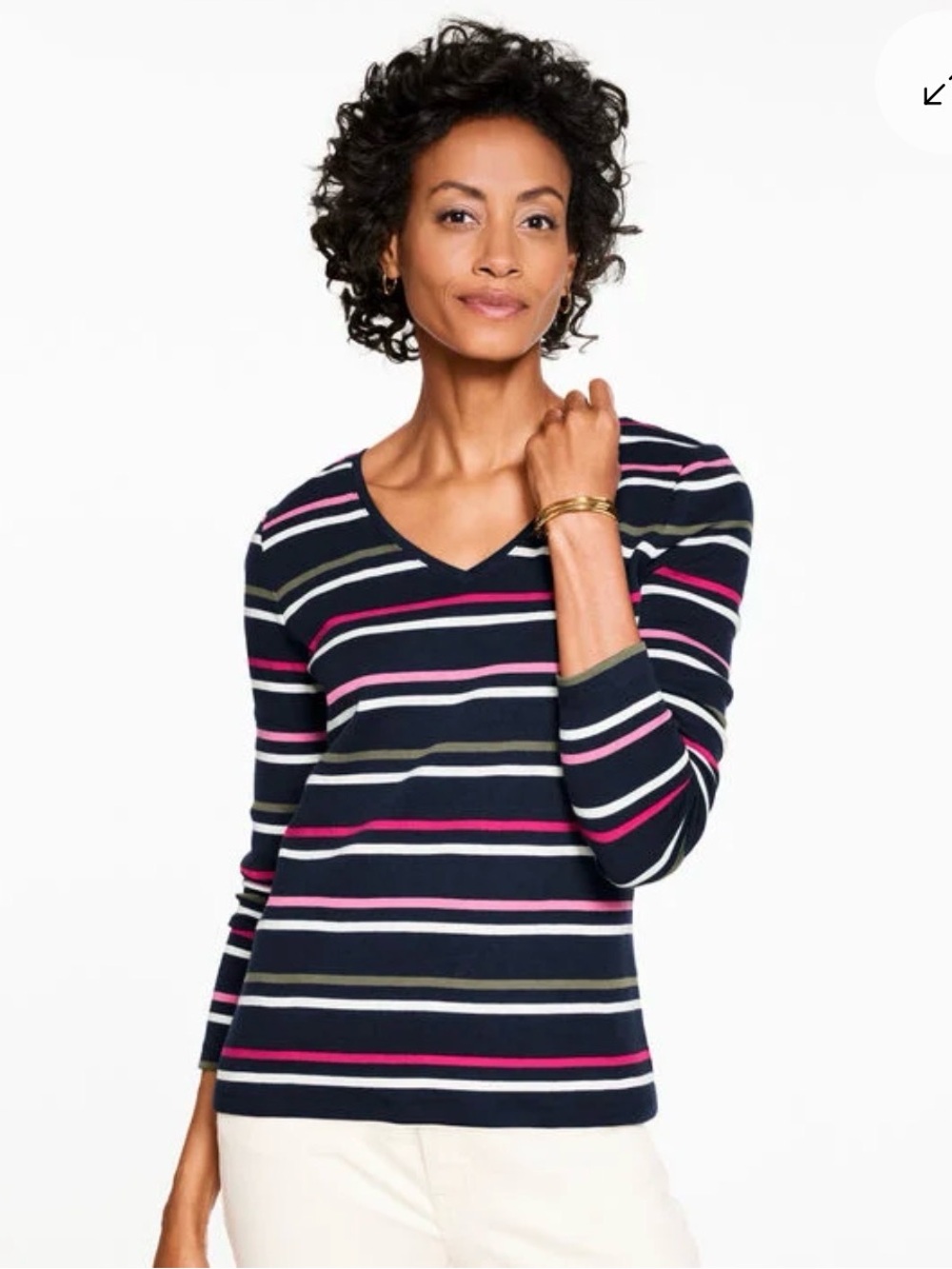Striped V-Neck Long-Sleeve Top in Navy and Pink